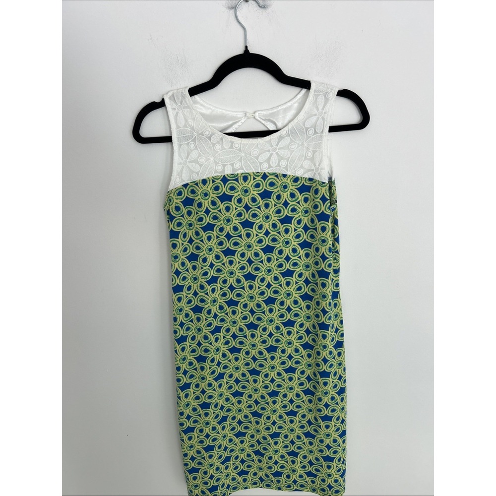 tracy negoshian Small Sleeveless Embroidered‎ Neck Line Blue Green Daisy Print